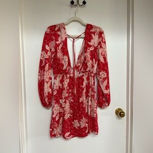 Free People - Deep V, Backless Elegant Red Floral Dress